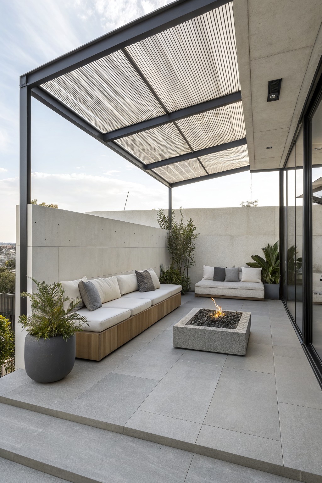 Modern rooftop terrace with built-in bench seating along a concrete wall, a central square fire pit, overhead slatted shade structure, and potted plants.