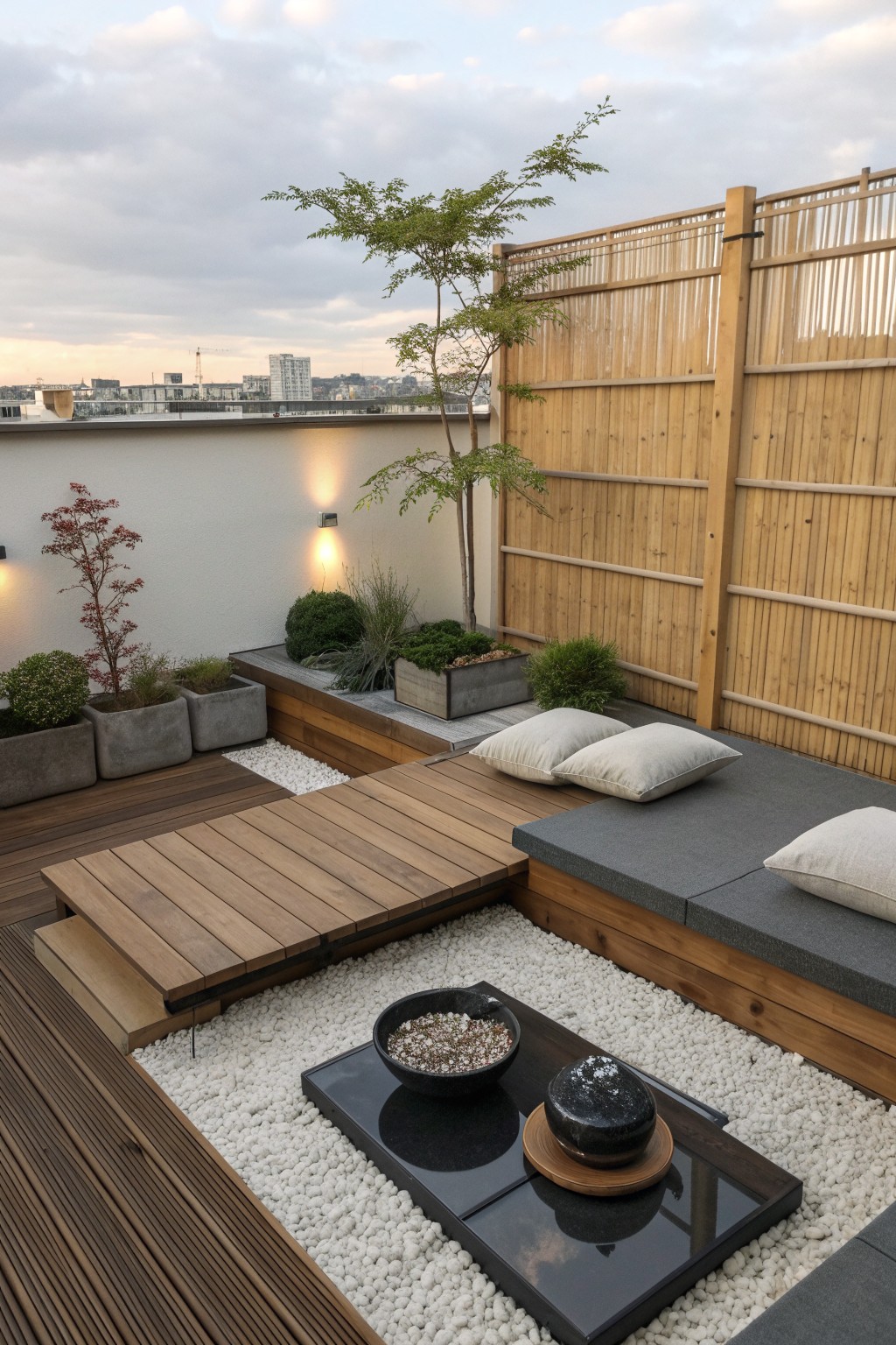 Rooftop terrace with wooden deck platforms, built-in gray cushioned seating along a wooden fence, concrete planters with shrubs and trees, and a white gravel area holding a black tray with two bowls.