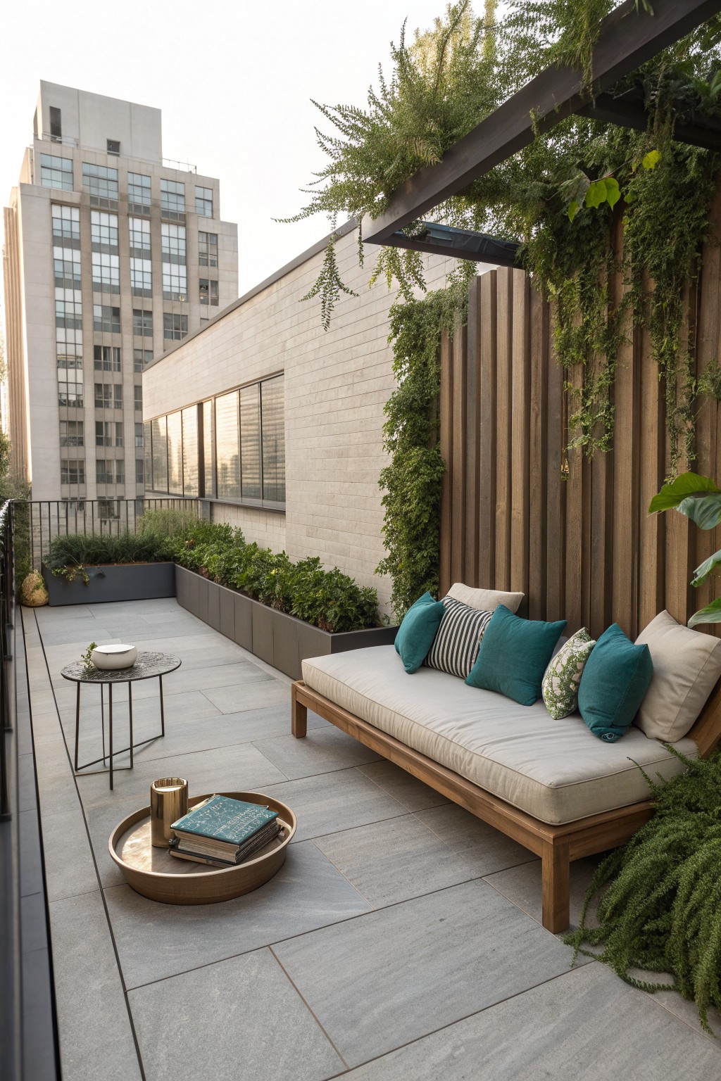Modern terrace with wooden daybed, teal pillows, round tray table, and vertical garden.