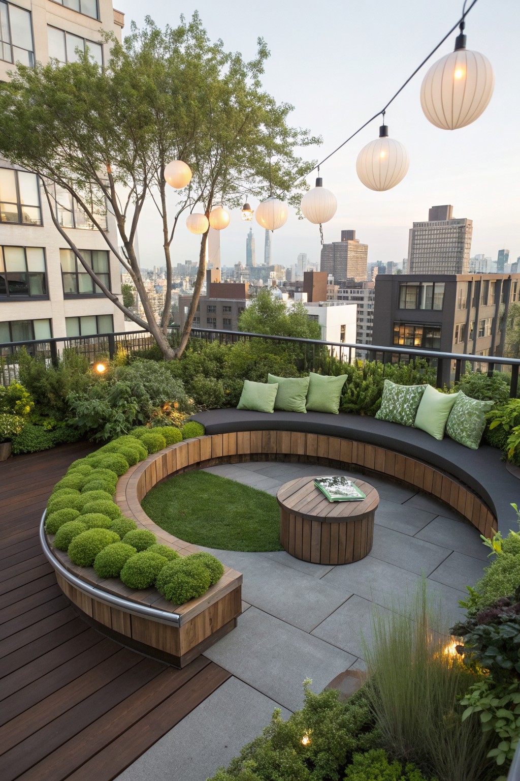 Rooftop terrace with curved wooden bench seating lined with green cushions, surrounded by dense planting and a round wooden table in the center.