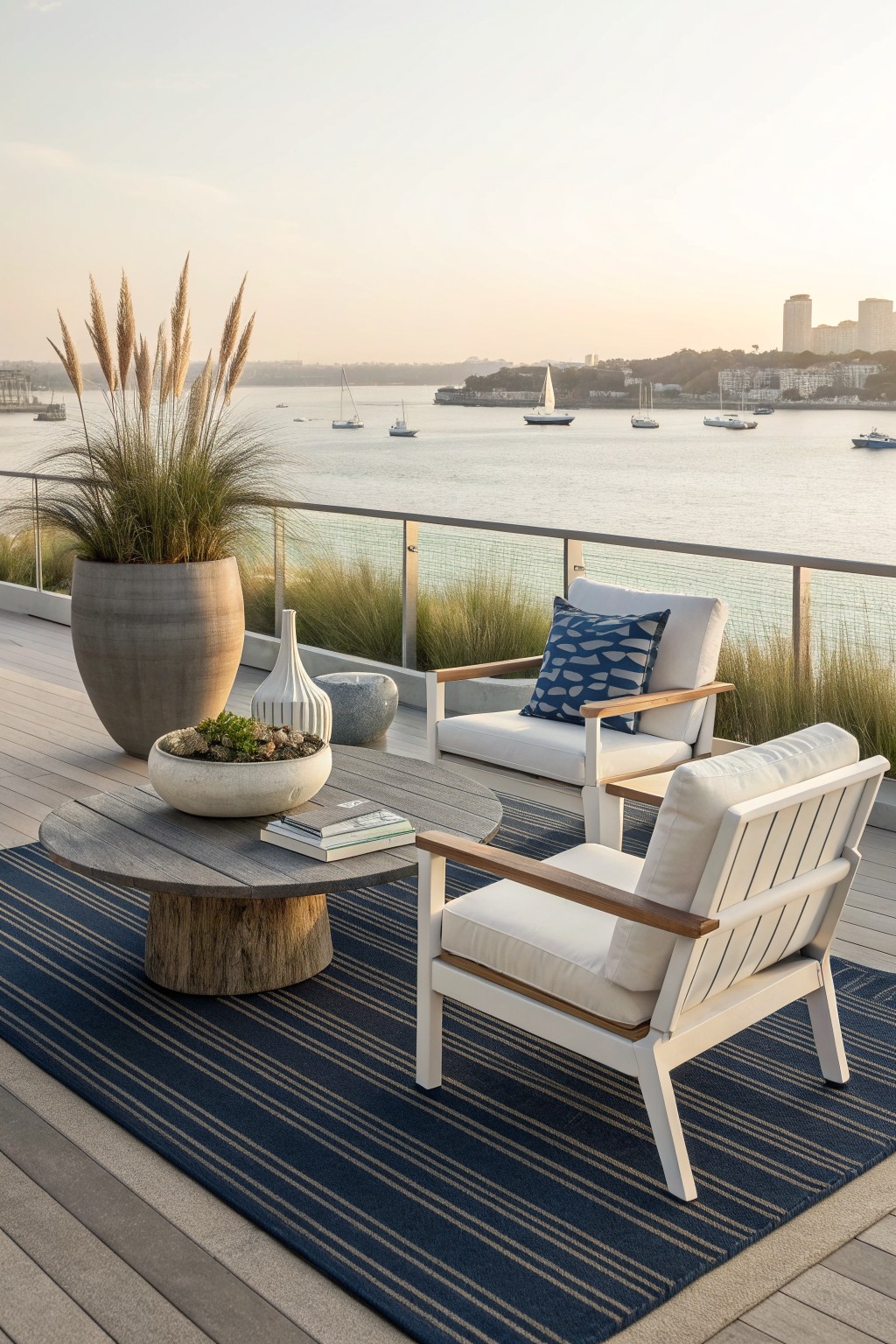 Two white outdoor armchairs with wooden accents sit on a blue and beige striped rug beside a round wooden coffee table on a rooftop terrace overlooking water.