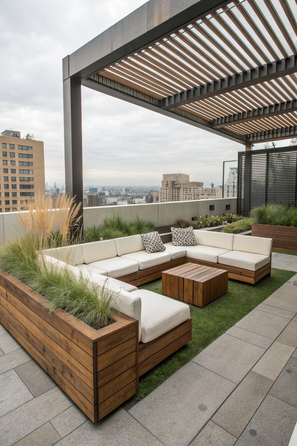 Modern rooftop lounge with white sectional sofa, wooden table, pergola, and city view