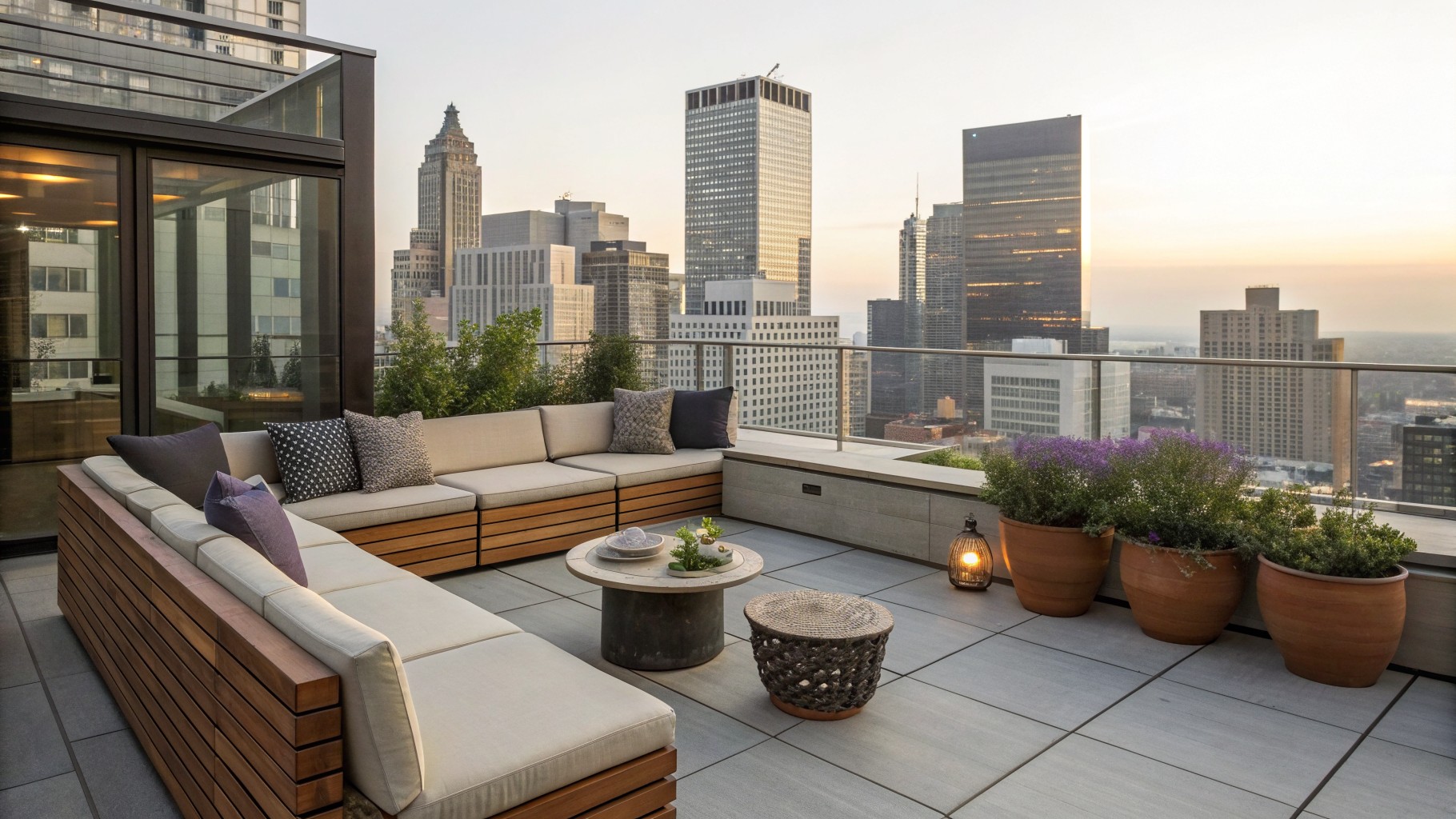 Rooftop terrace with wooden sofa and armchair, slatted pergola overhead, potted plants along the edges, and city skyline in the background.