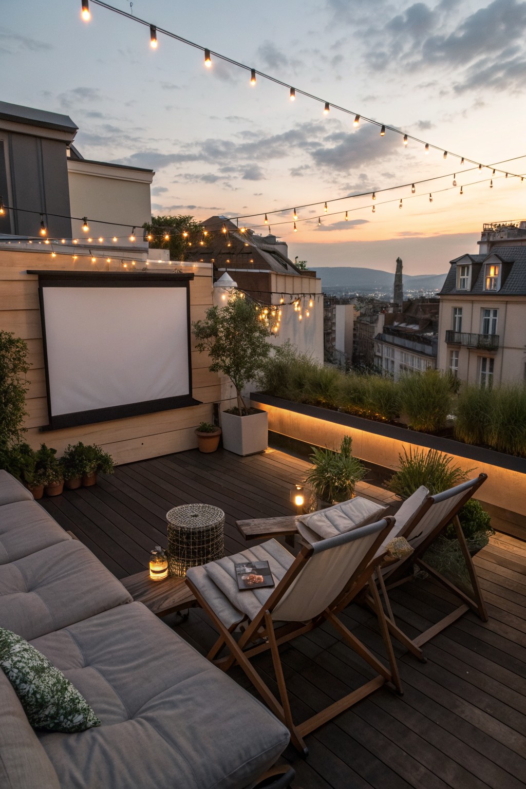 A rooftop terrace at dusk with a large mounted projector screen on a wood-paneled wall, string lights overhead, lounge chairs, a sofa, and potted plants on dark wood decking.