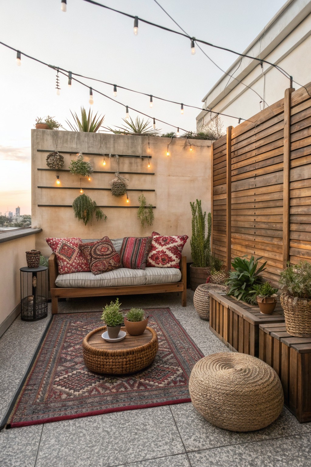 A rooftop terrace features a wooden bench with cushions against a concrete wall, string lights overhead, hanging plants on metal bars, a patterned rug, and woven poufs.