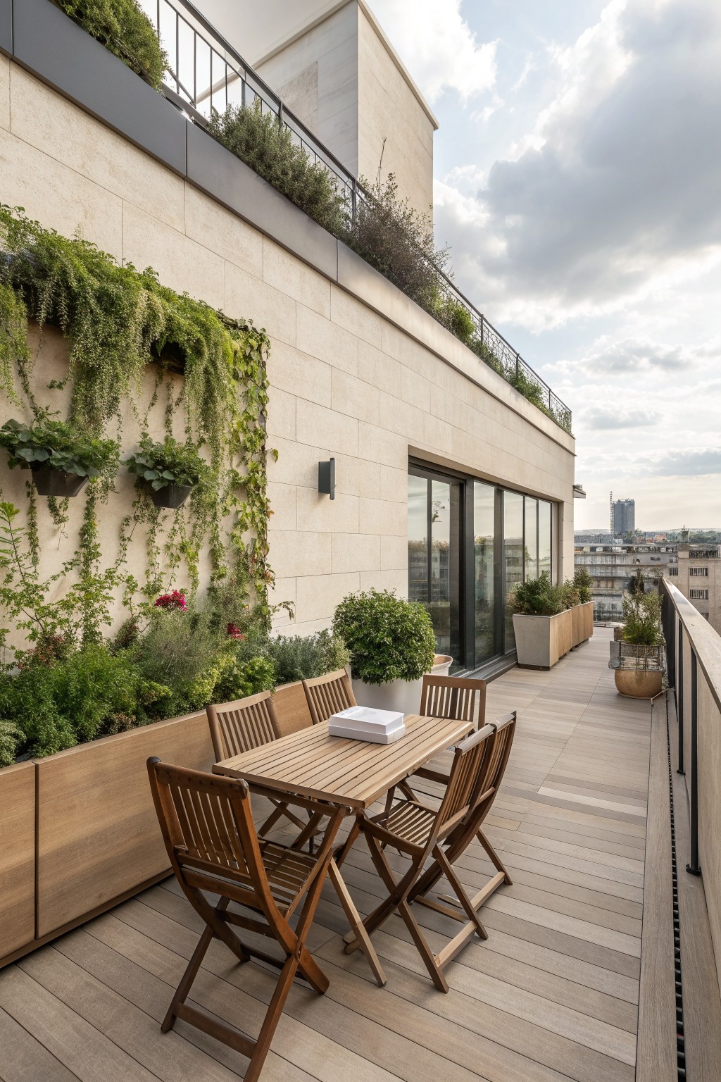 A rooftop terrace featuring a wooden dining table with folding chairs positioned next to a long built-in planter box filled with greenery against a tiled wall.