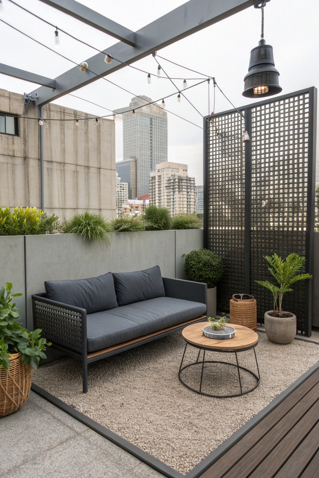 A modern outdoor sofa with gray cushions sits on a framed gravel section on a rooftop terrace, next to a round coffee table, potted plants, and a black lattice screen with string lights overhead.