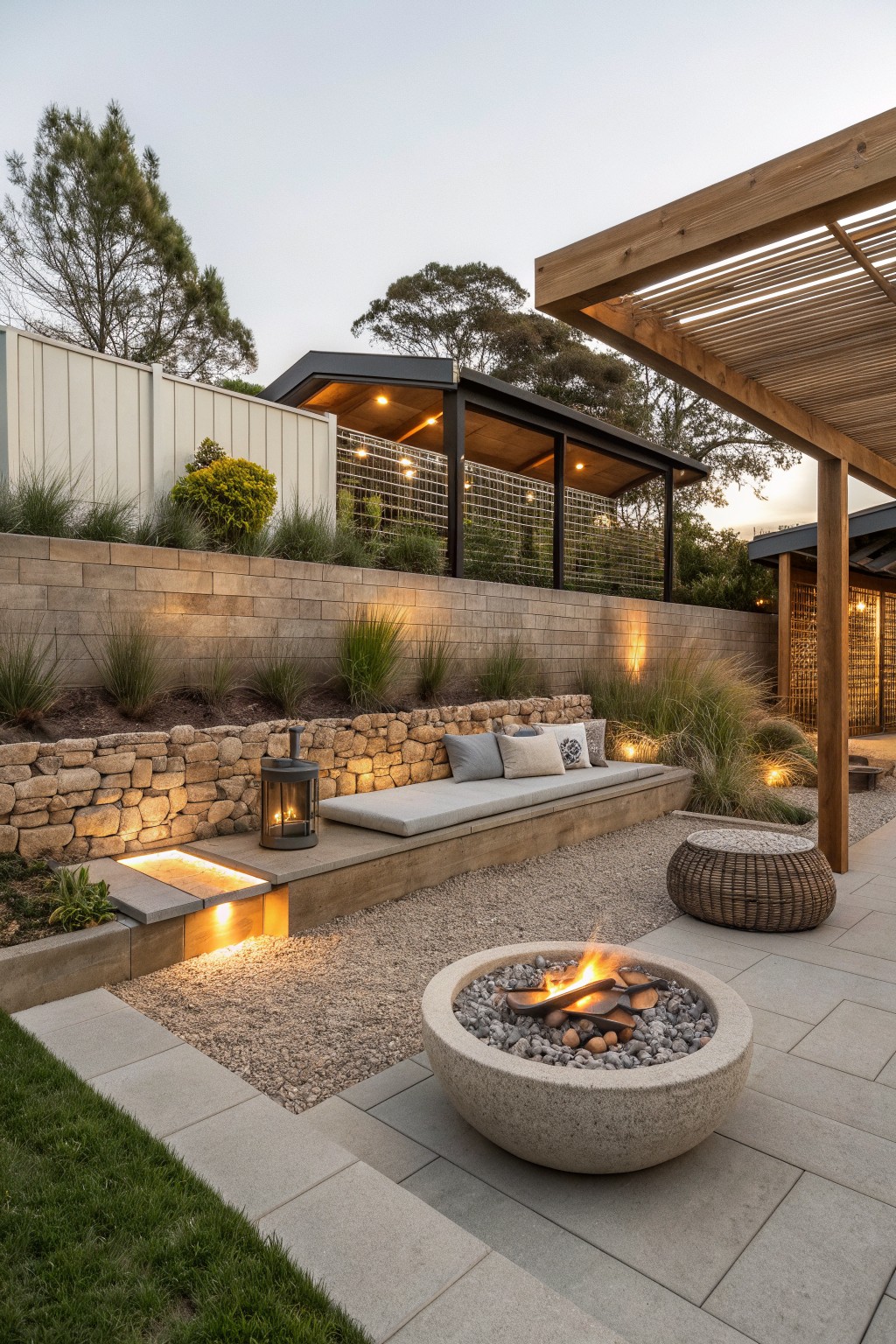Backyard patio with a stone retaining wall topped by plants, a built-in bench with cushions, a round fire pit on pavers, and a wooden pergola overhead.