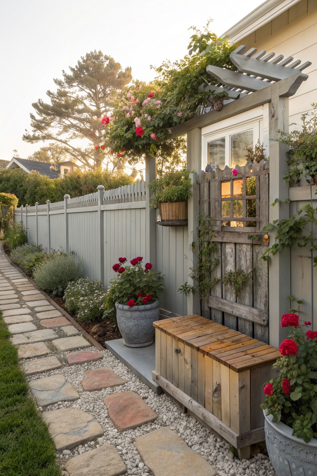 A stone path leads past potted roses to a wooden gate with a trellis of climbing flowers and a built-in storage bench.