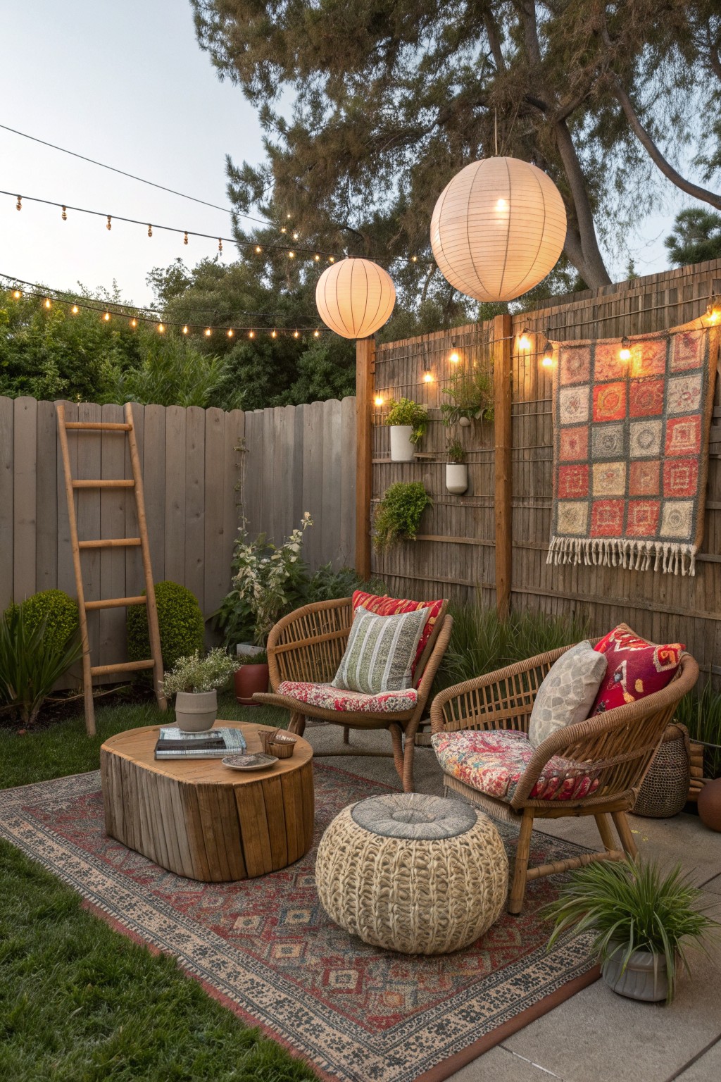Backyard patio with wicker seating on layered rugs, string lights, paper lanterns, and a wooden fence fitted with mounted plant shelves holding several pots.