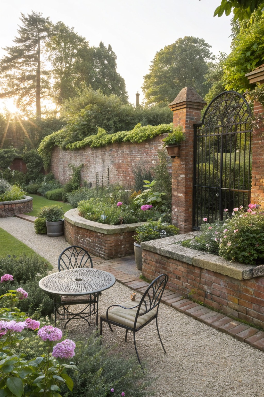 A backyard garden with a tall brick wall featuring built-in raised planters filled with flowers and greenery, a gravel seating area with black metal furniture, and a decorative metal gate on the right.