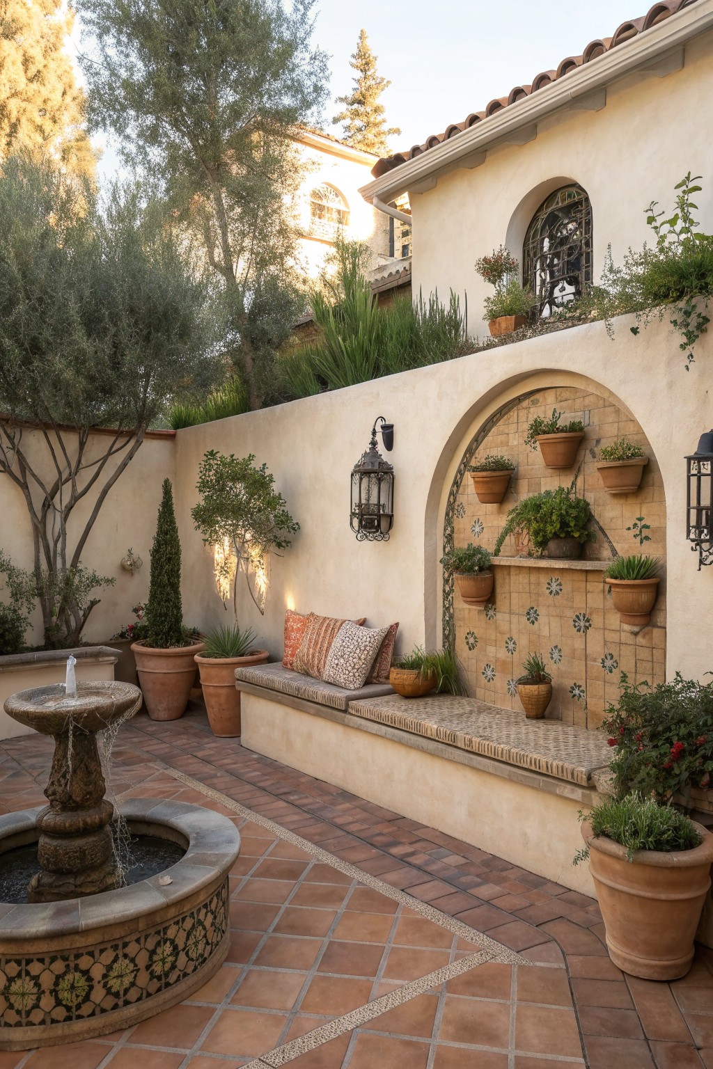 Sunny Mediterranean courtyard with stone fountain, cushioned bench, terracotta pots, and arched niche.