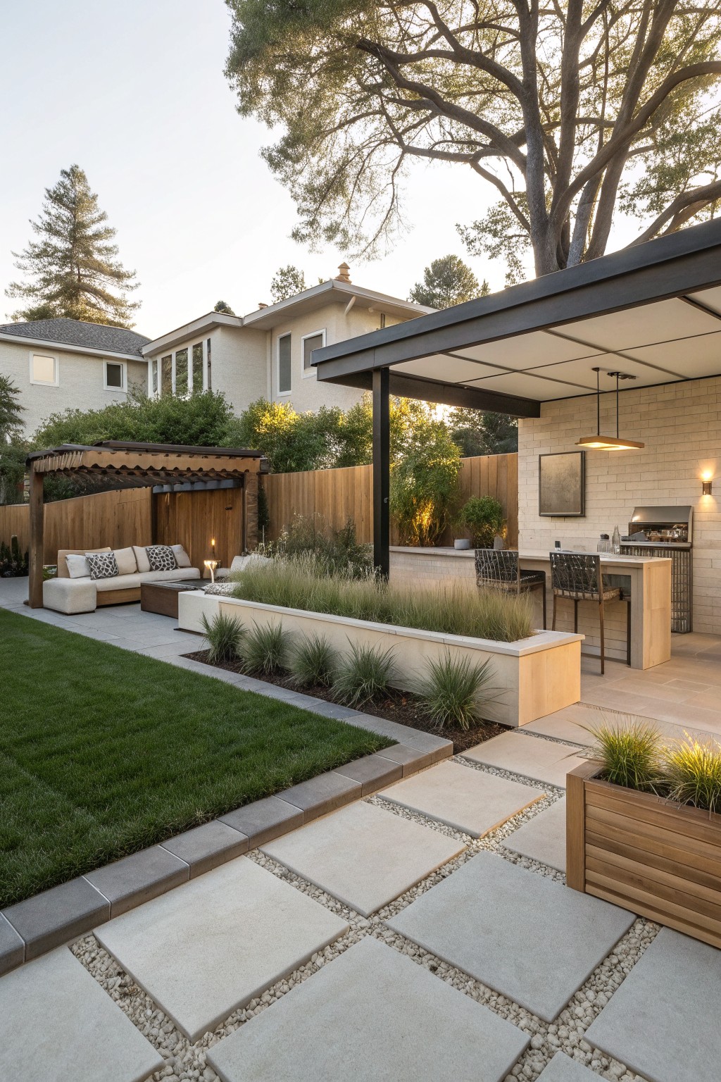 Backyard patio with raised concrete planters containing tall grasses, an outdoor kitchen under a covered structure, and lounge seating on the left side.
