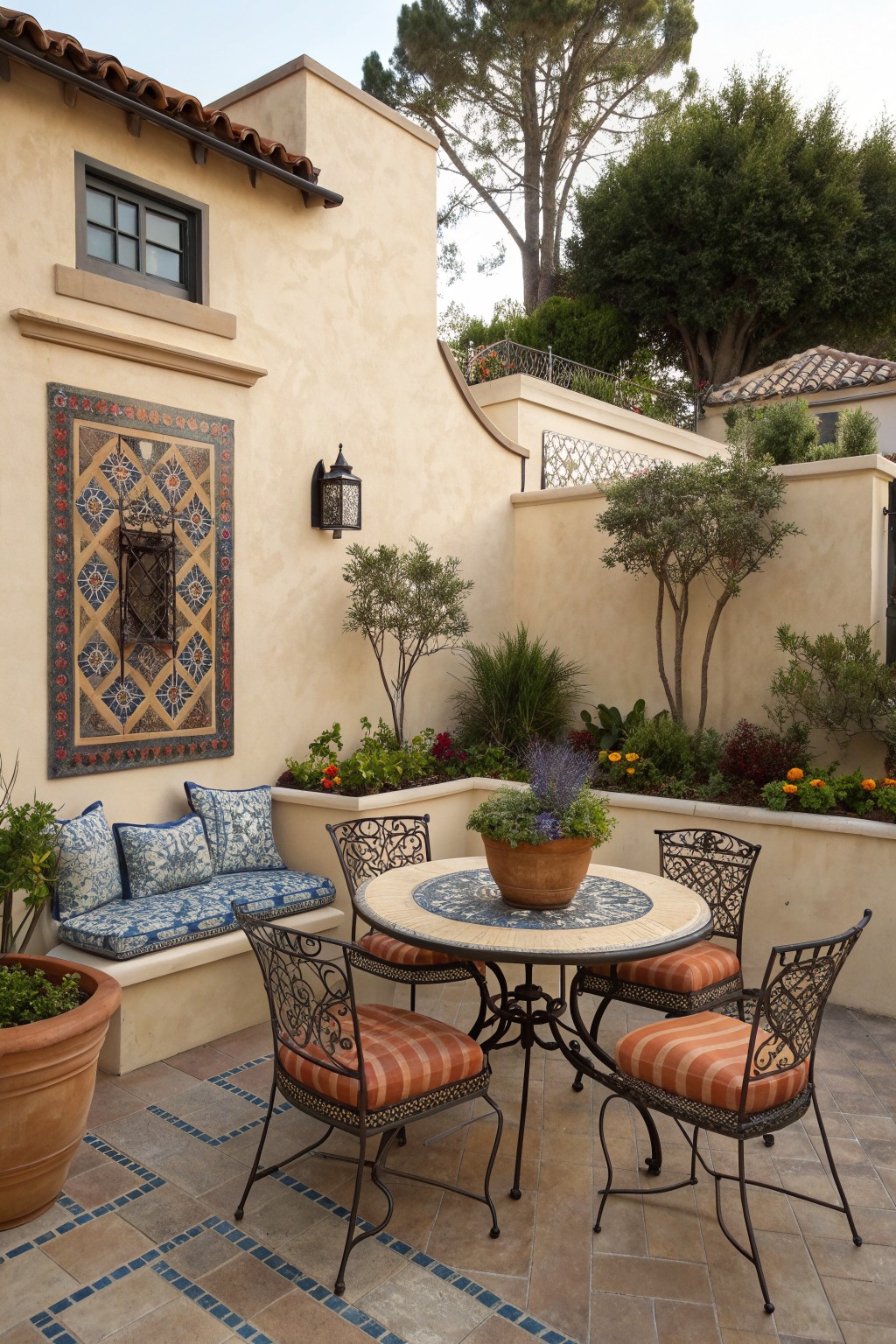 An outdoor patio with a round table and four chairs, a built-in cushioned bench, and raised planters filled with flowers and shrubs along stucco walls.