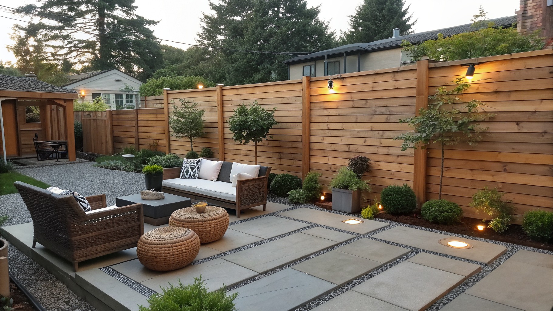 Modern patio with woven chairs, wooden walls, string lights, and concrete planters at dusk