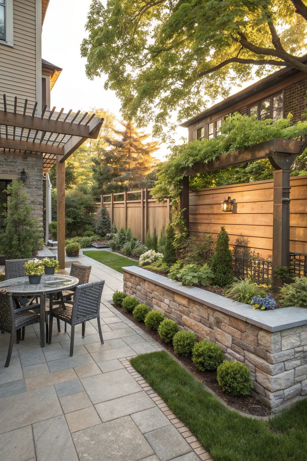 A backyard patio with a raised stone planter wall built along a wooden privacy fence, featuring shrubs and flowers in the beds.