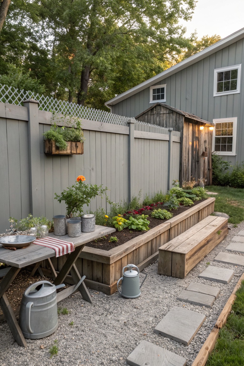 A backyard with a long raised garden bed built against a gray wooden fence, showing plants growing along the fence line with a wooden table and watering cans nearby.