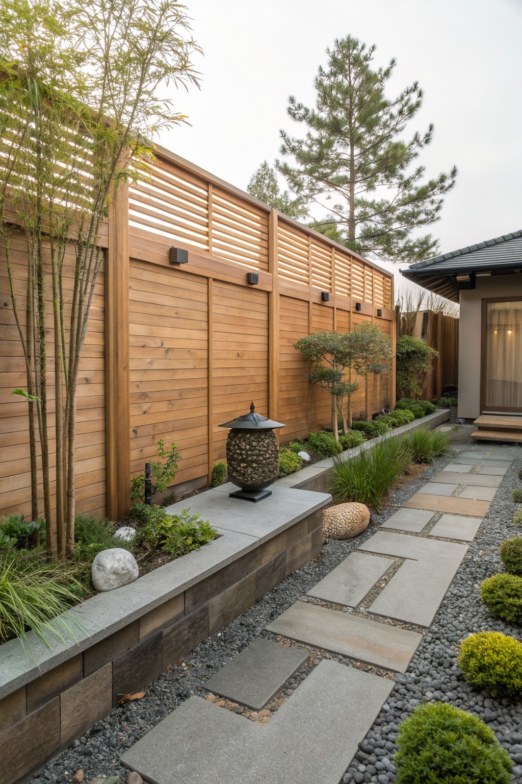 A tall wooden privacy fence with horizontal slats runs beside a concrete planting ledge filled with shrubs and grasses, next to a stone pathway.