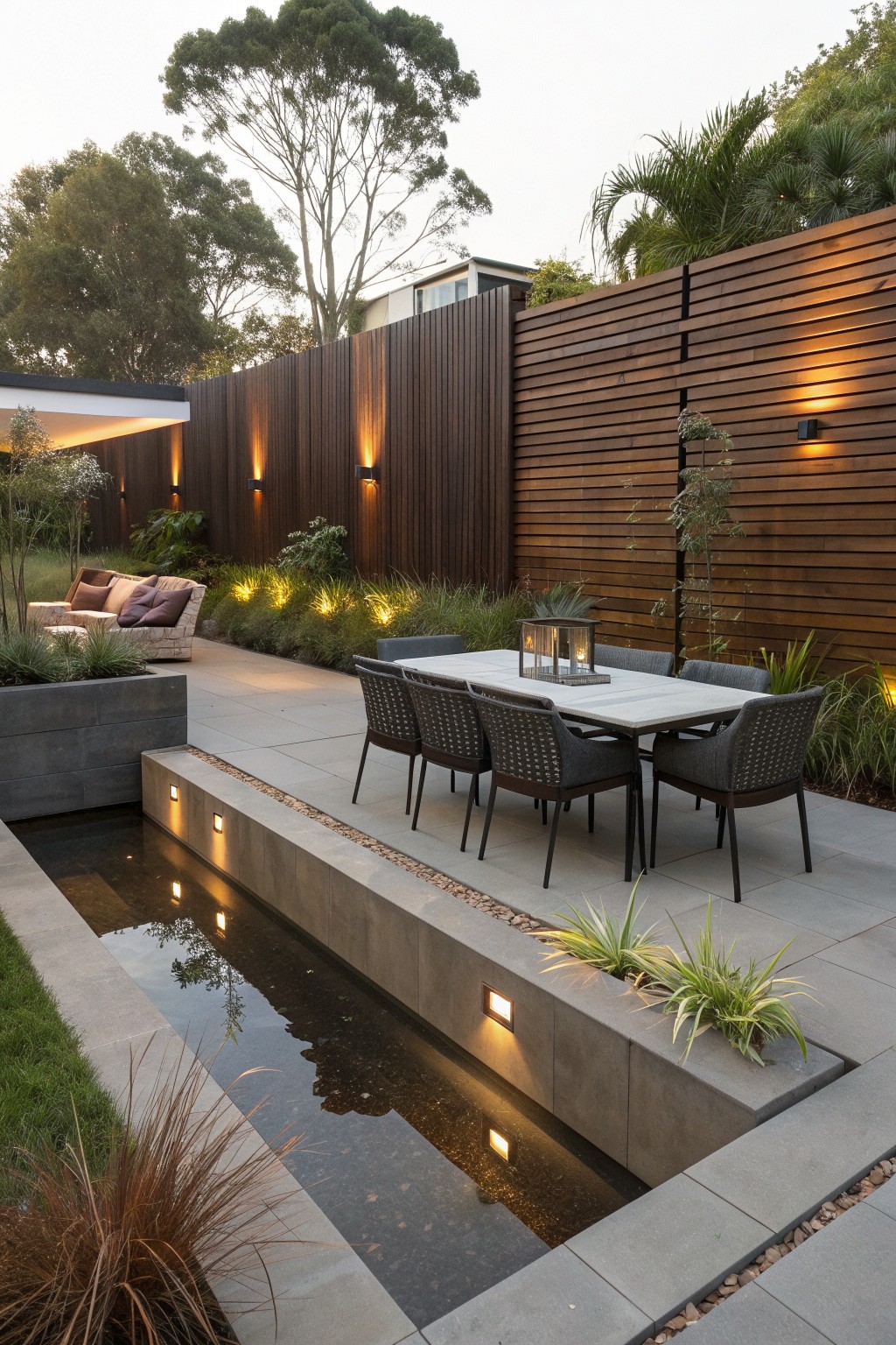 A backyard patio with a rectangular dining table and chairs beside a long concrete water feature, set against a tall wooden privacy fence with wall lights and integrated plants.