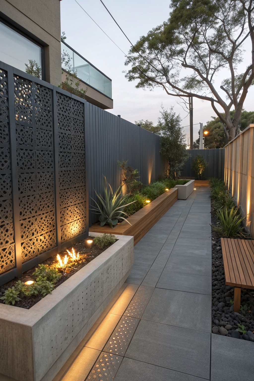 A narrow paved walkway with raised concrete and wood planters along a decorative metal privacy screen on the left and a wooden bench on the right.