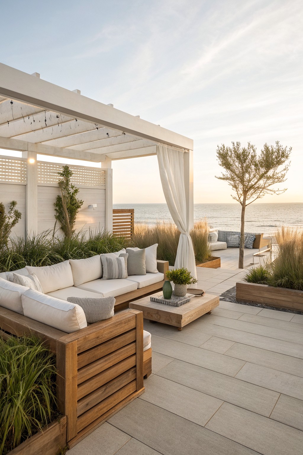 Modern beachside patio with wooden sofa, white cushions, and ocean view.