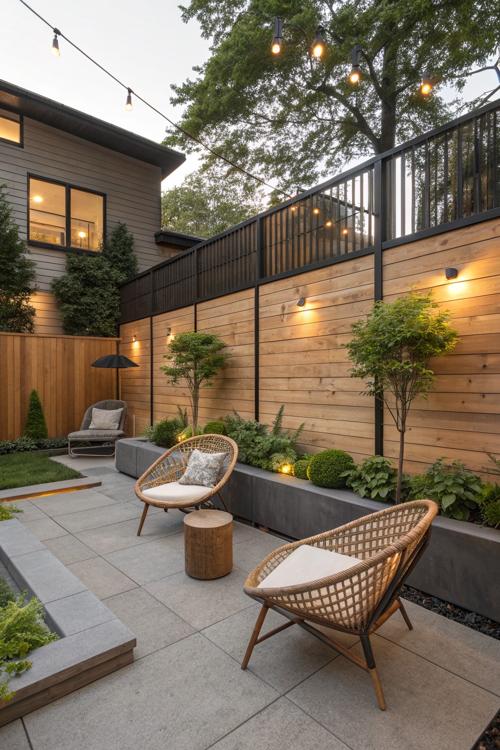 Modern patio with woven chairs, wooden walls, string lights, and concrete planters at dusk