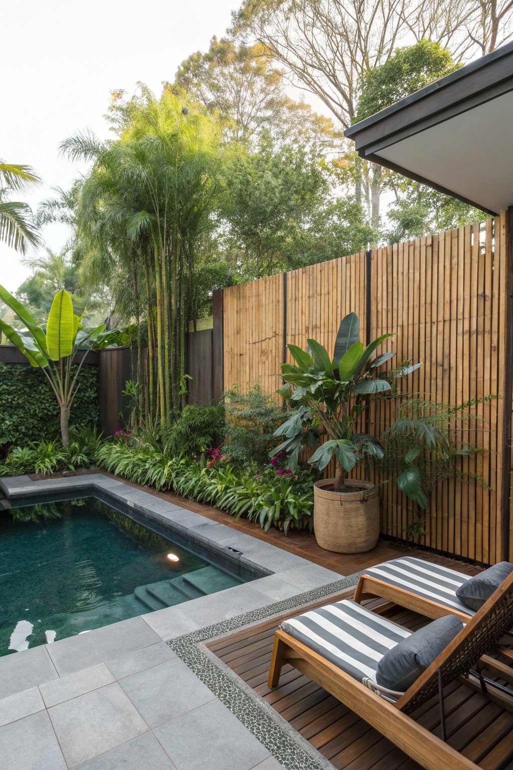 A backyard pool area with a wooden privacy fence lined with large potted tropical plants and a striped lounge chair on the deck.