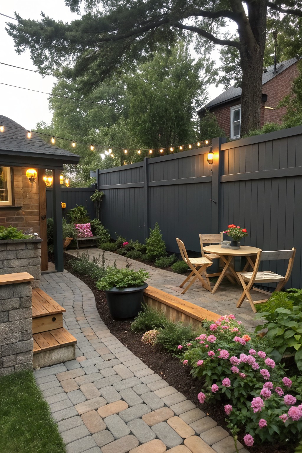 A backyard patio area with a dark gray vertical board privacy fence, wooden raised planters filled with pink flowers and greenery, a round table with chairs, and a curved stone pathway.
