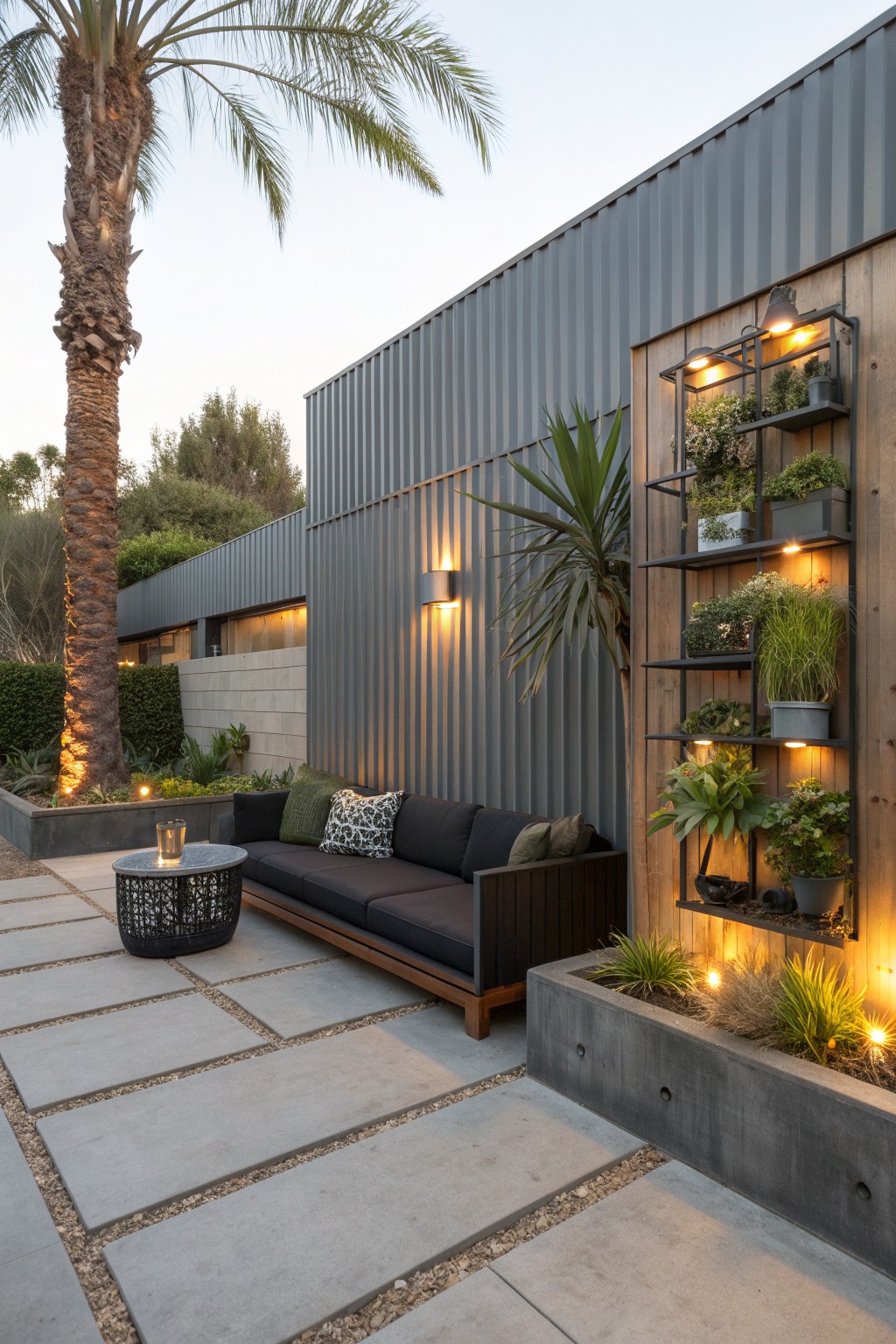 Modern patio with dark sofa, lit plant shelves on wood wall, palm tree nearby