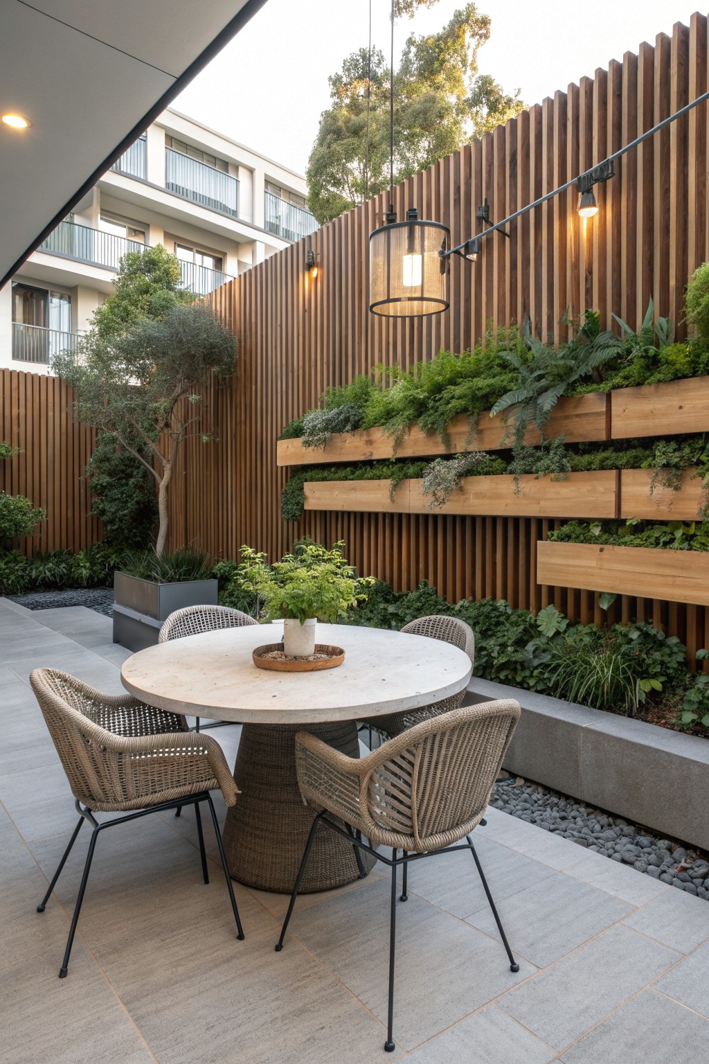 Modern patio with round stone table, woven chairs, pendant light and vertical gardens.