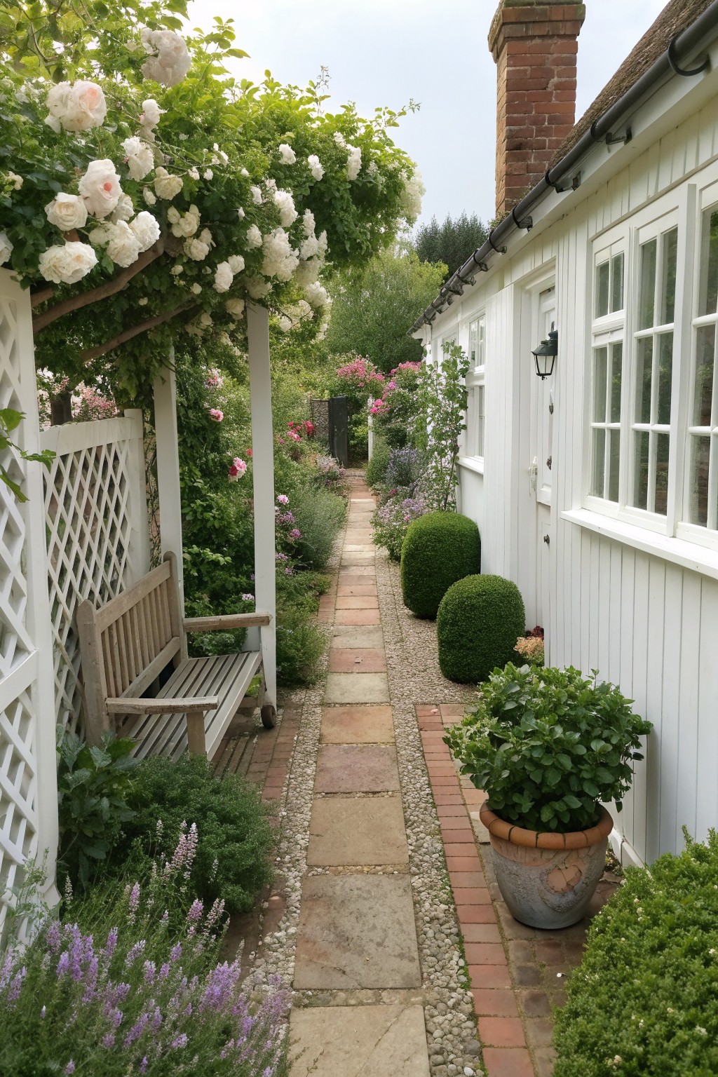 A narrow garden path of stone pavers runs beside a white house, bordered on one side by a rose-covered pergola with a wooden bench and on the other by shrubs and potted plants.