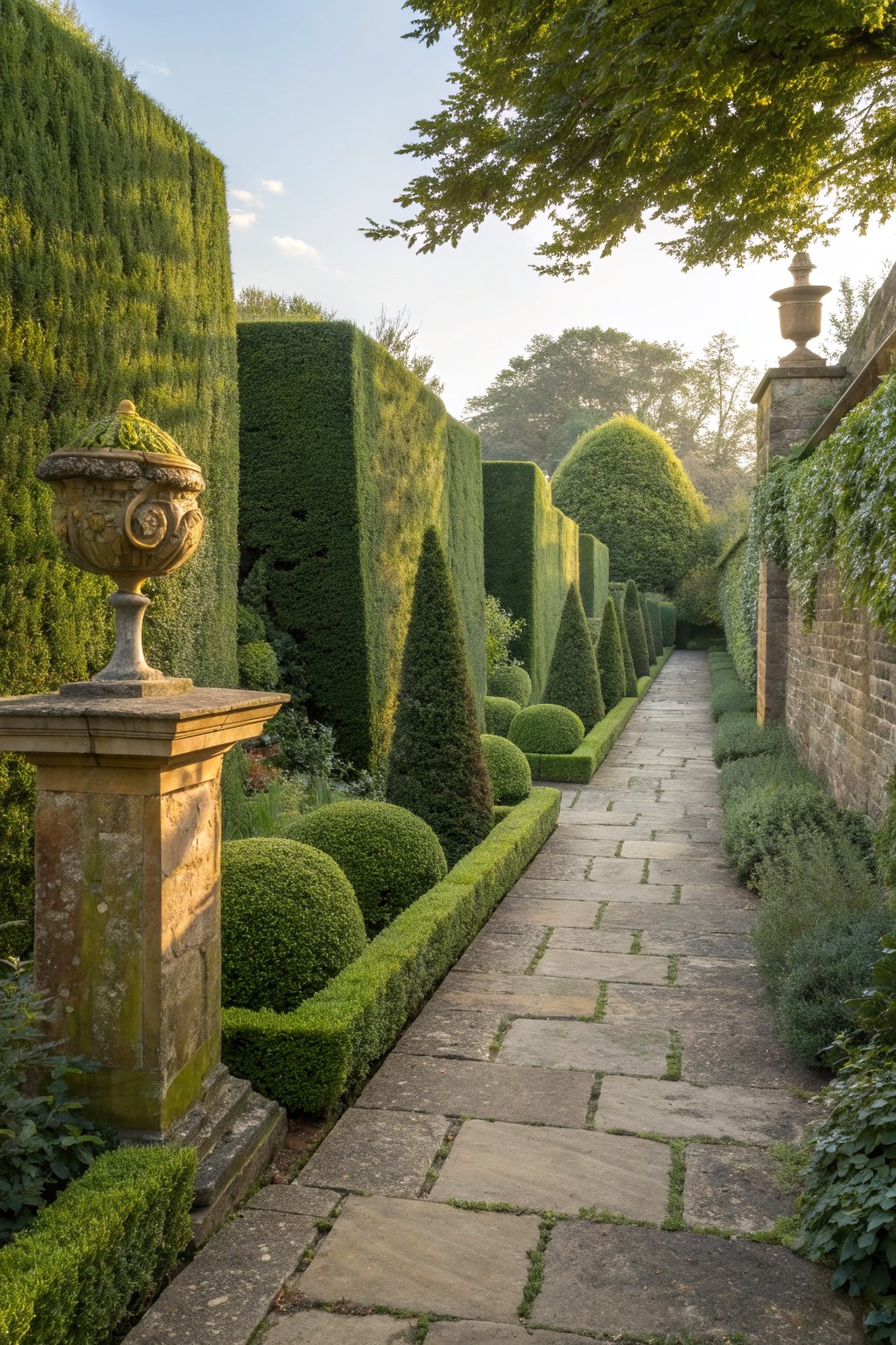 Stone path winds through manicured hedges and topiary with ornate urn pedestal.