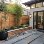 Modern garden walkway with stone pavers, wooden planters, bamboo plants, and lit lantern.