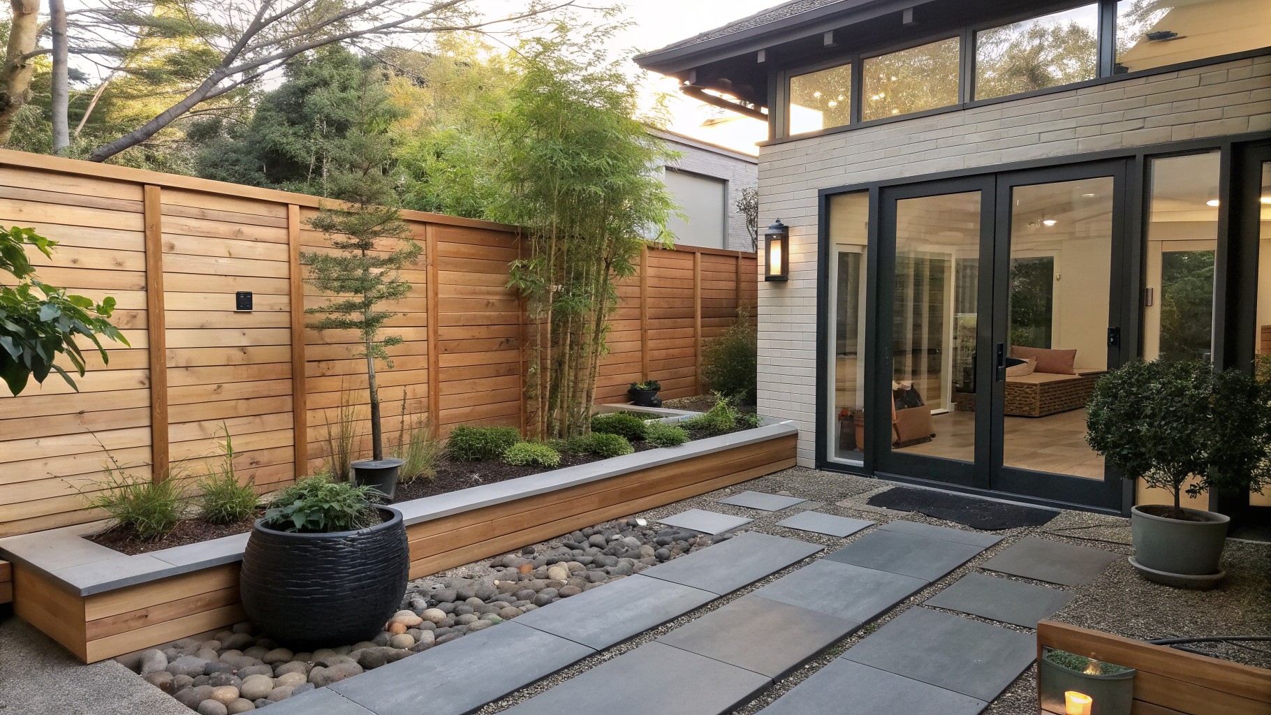 Modern garden walkway with stone pavers, wooden planters, bamboo plants, and lit lantern.