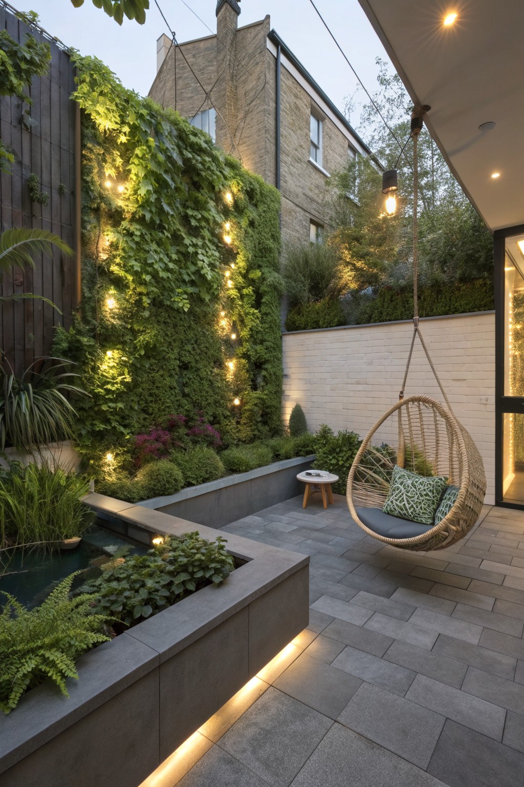 An outdoor patio with gray pavers, a hanging woven chair with cushions, a small pond in a concrete planter, and a tall wall covered in dense green plants illuminated by string lights.