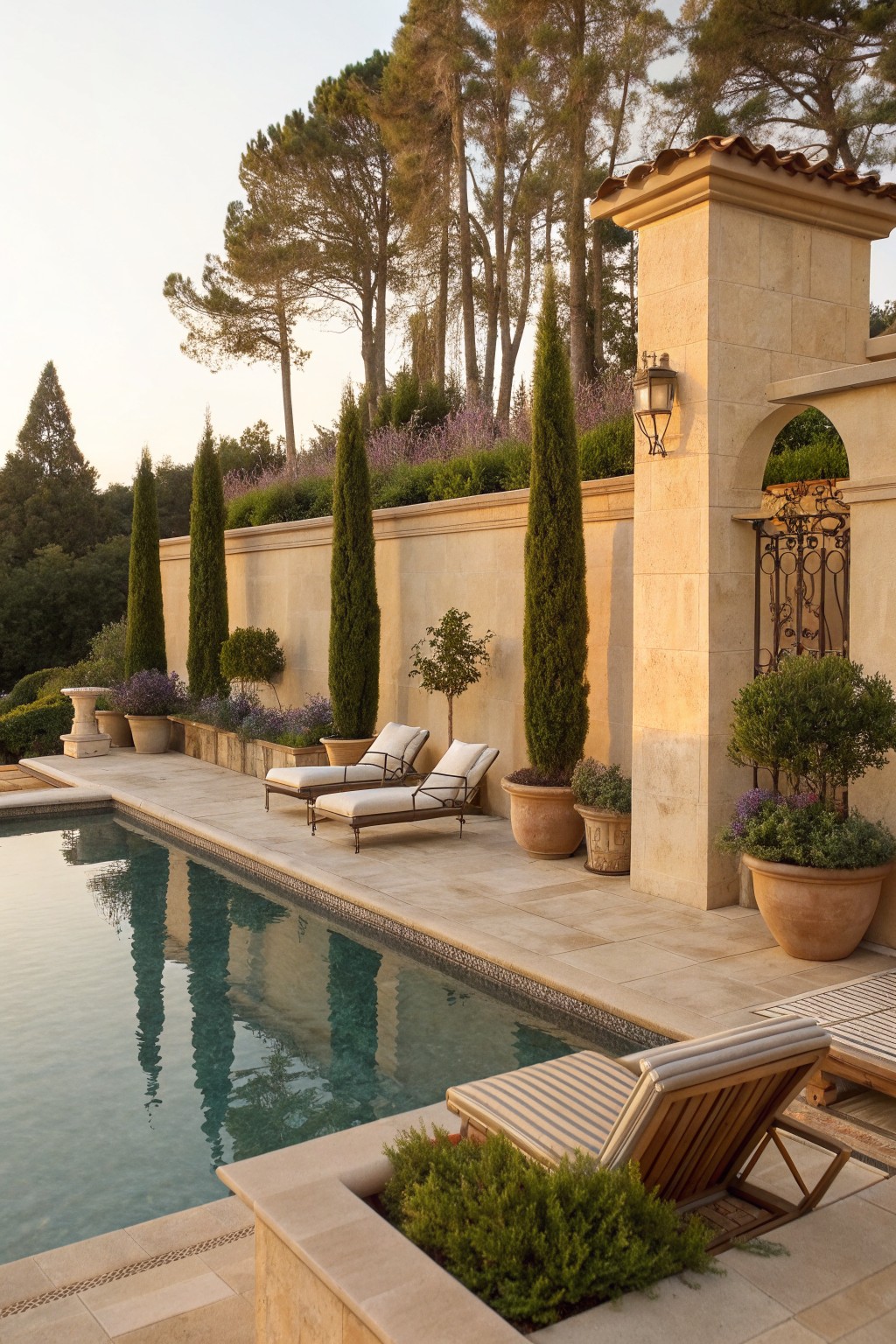 A backyard pool area with lounge chairs on stone paving next to a tall beige wall lined with tall narrow evergreen trees and large terracotta pots.