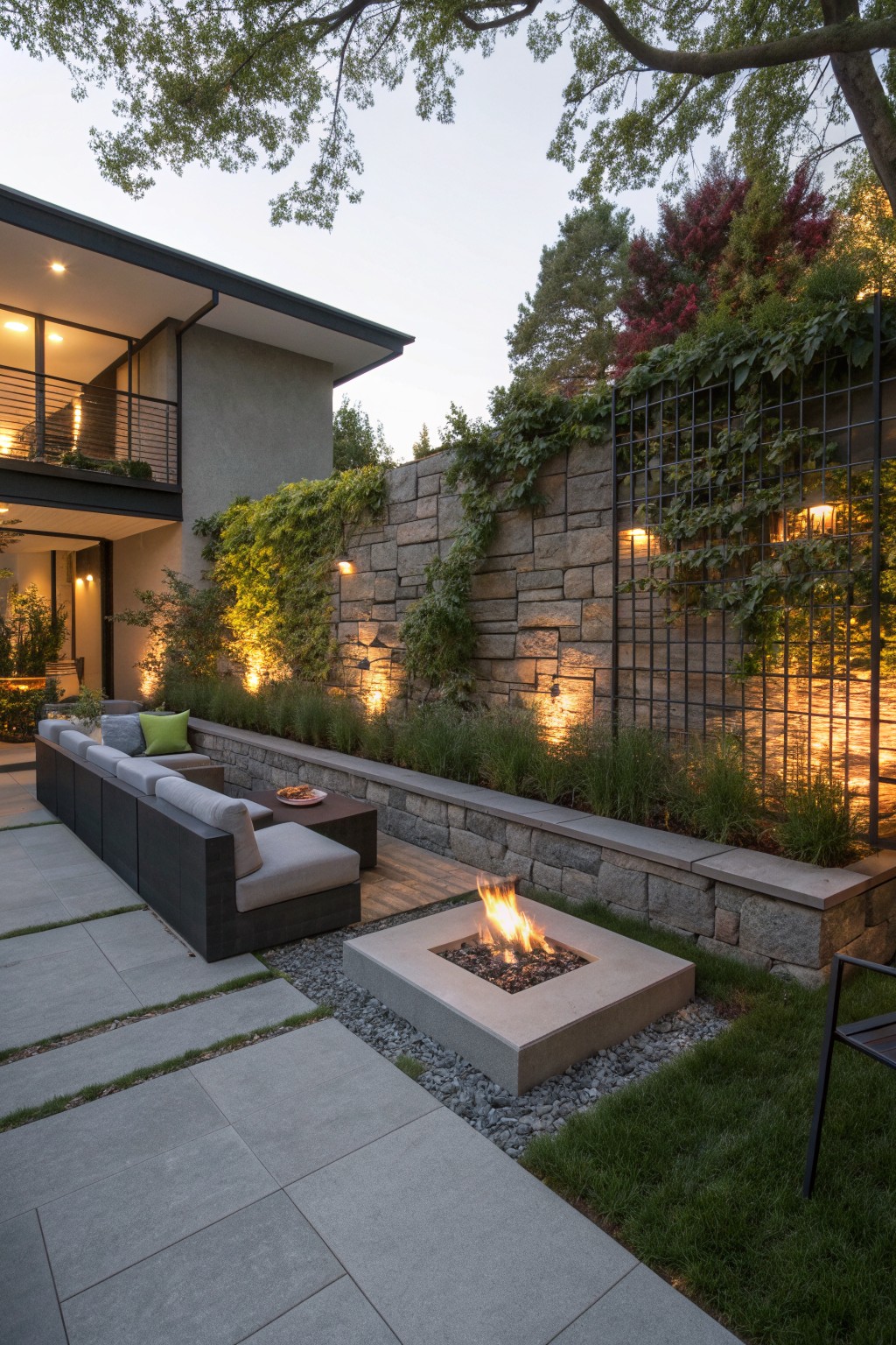 Outdoor patio with sectional seating, fire pit, and stone wall covered in climbing vines on a metal trellis.
