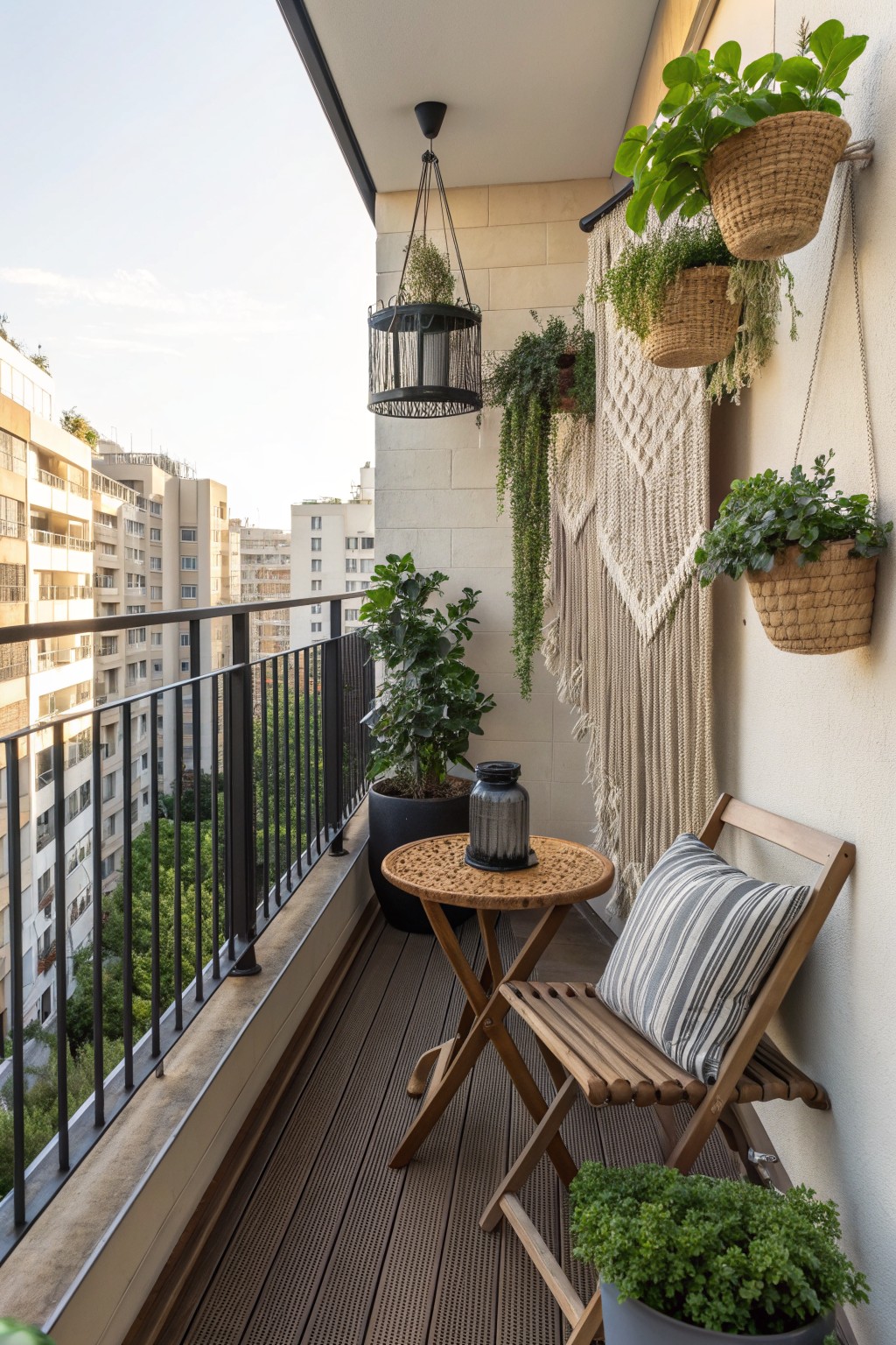 Balcony view showing a wooden chair and table beside a wall lined with hanging wicker baskets and trailing plants that form a green privacy screen.