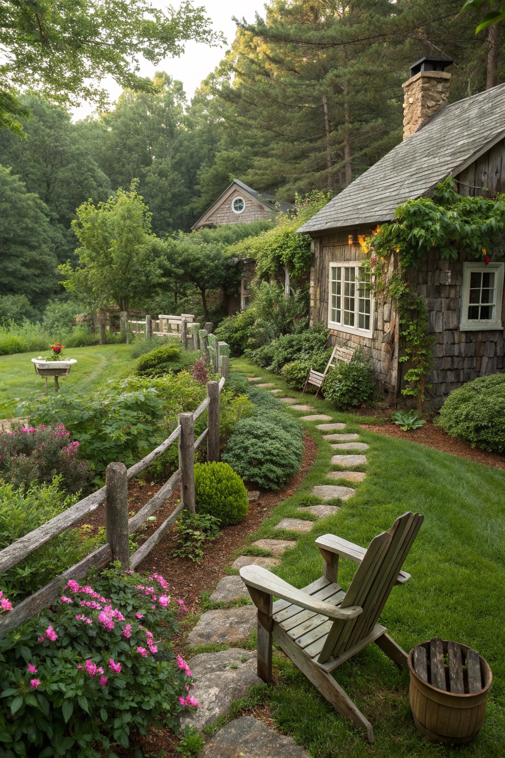 Rustic wooden cottage with stone path, Adirondack chair, pink flowers, and lush garden