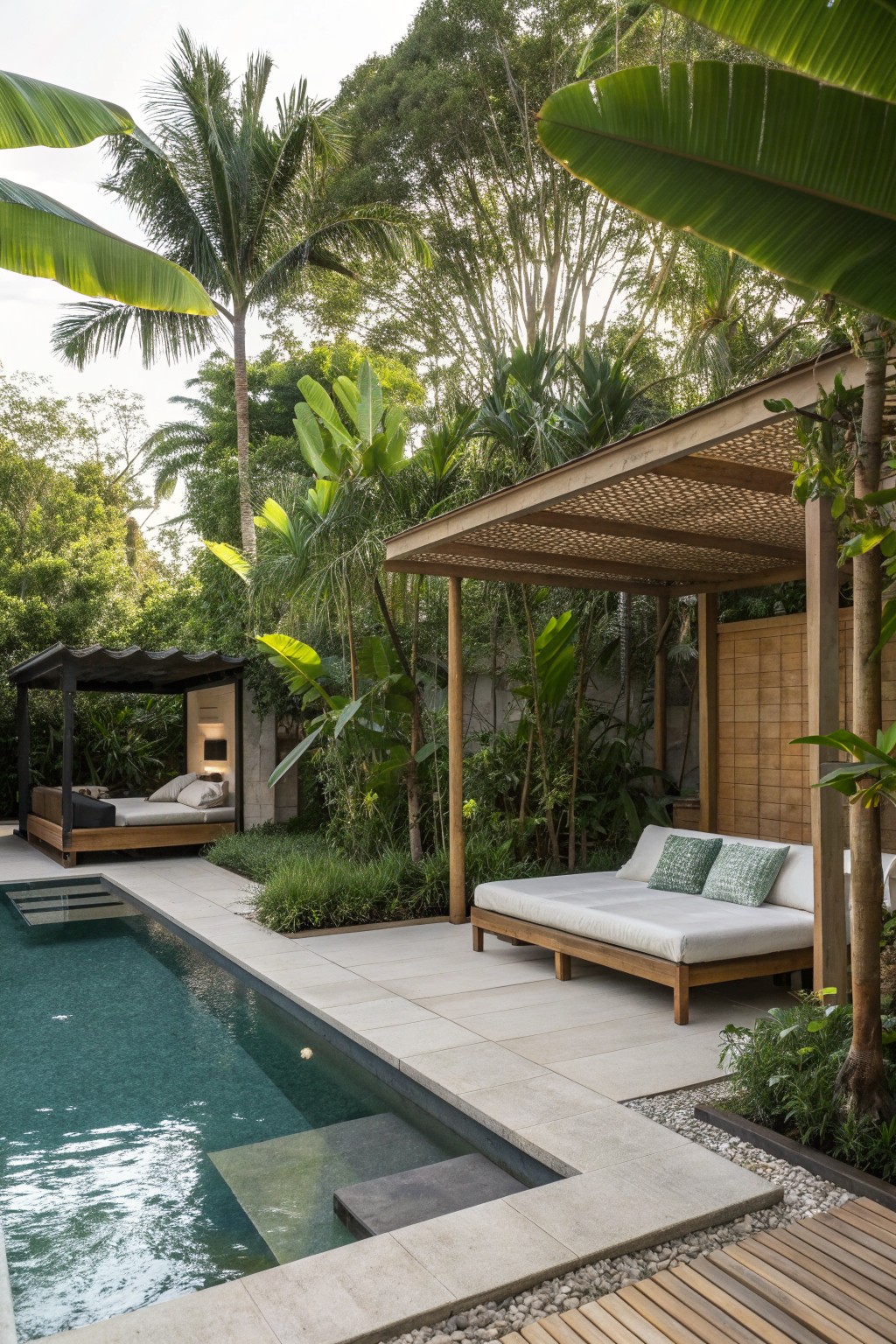 Tropical poolside patio with wooden daybeds amid lush palm trees and greenery