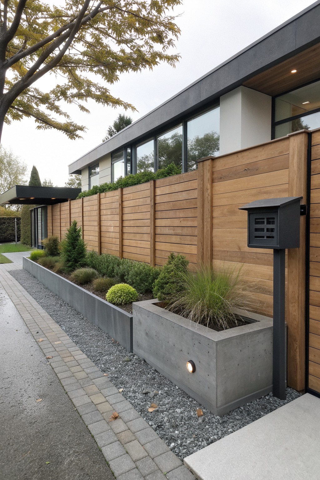 Modern home with wood fence, concrete planters, shrubs, gravel path and black post box