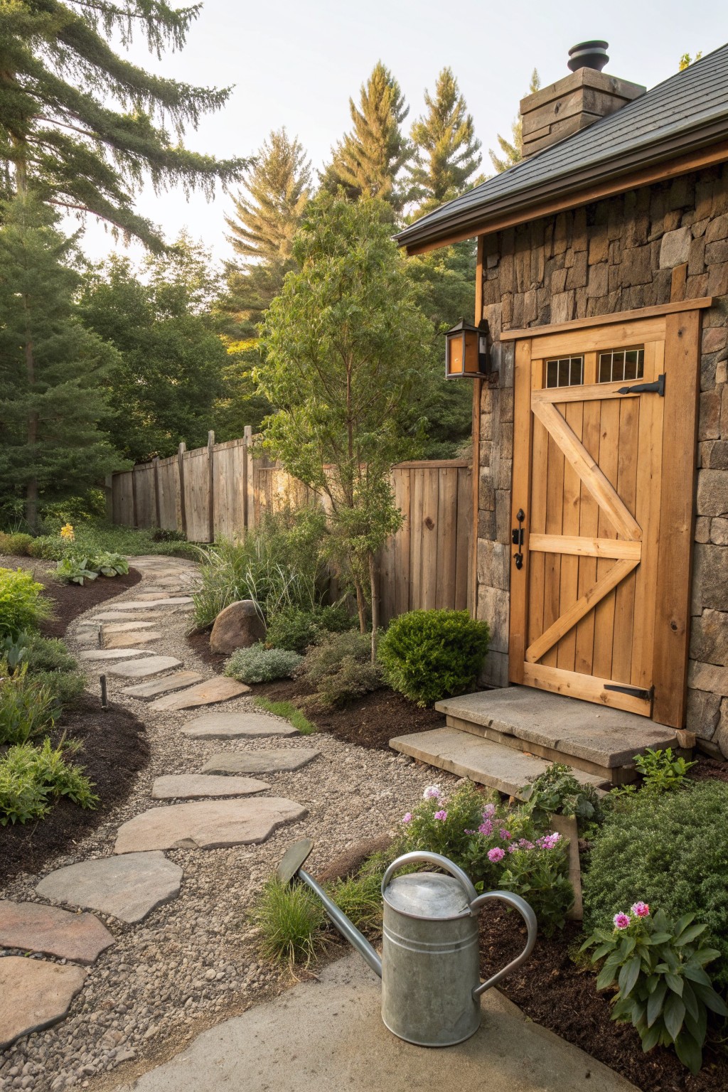 A gravel and stone path curves past a wooden fence lined with layered shrubs and trees, leading to stone steps at a rustic building entrance.