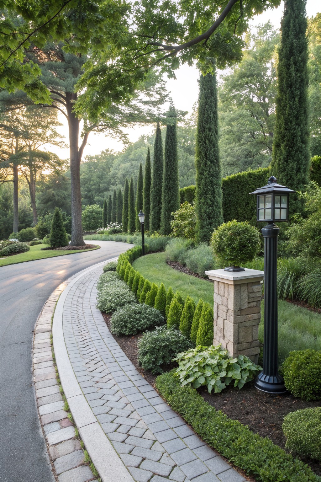 Brick path curves through garden with tall evergreens and black lantern post