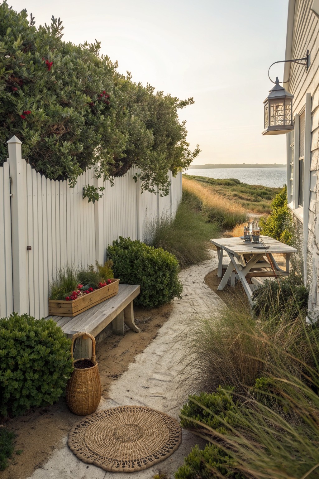 A white picket fence with dense green shrubs and trees growing over the top, next to a sandy path and wooden picnic table near the water.