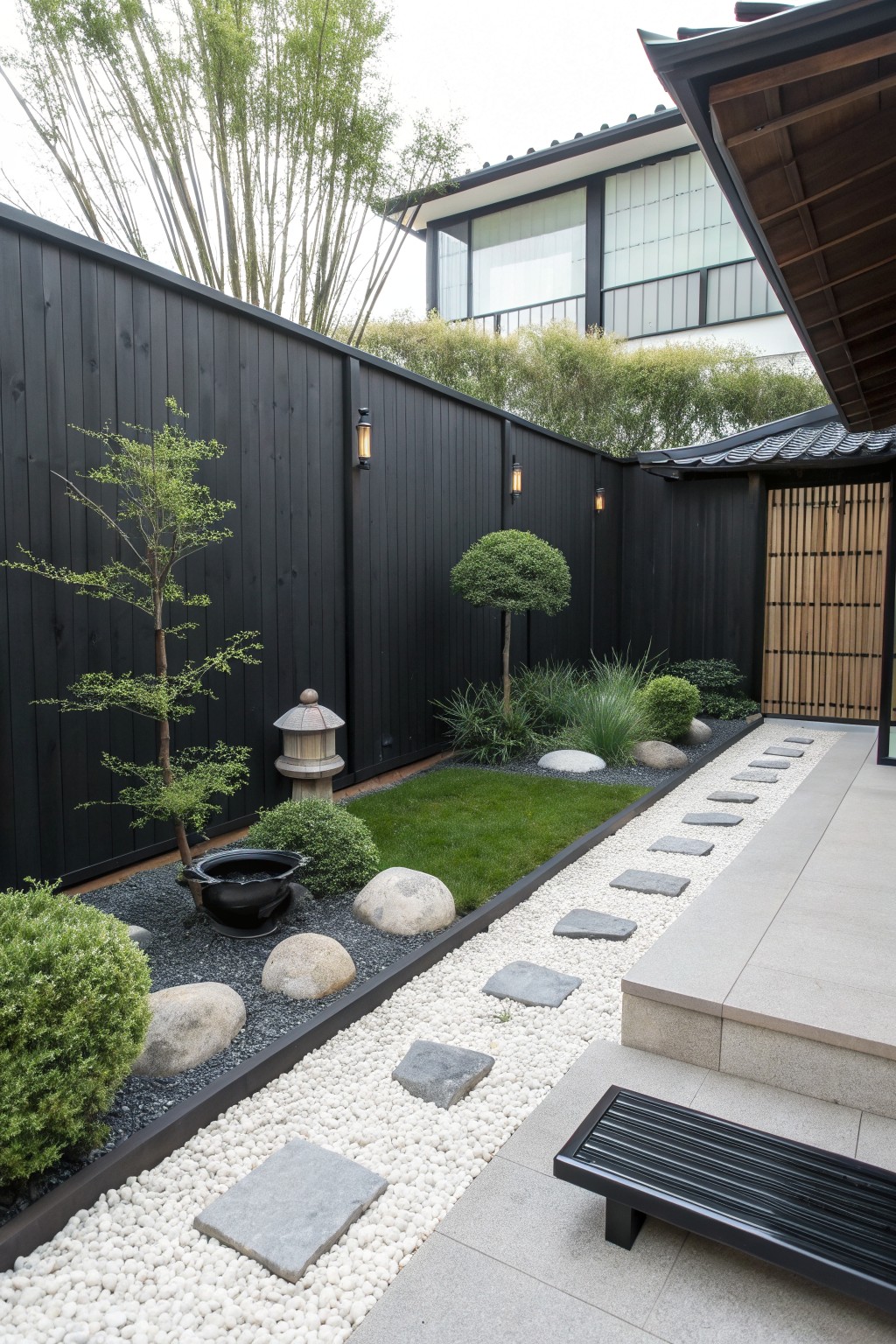 Japanese zen garden with white gravel path, stepping stones, lantern, and dark fence.