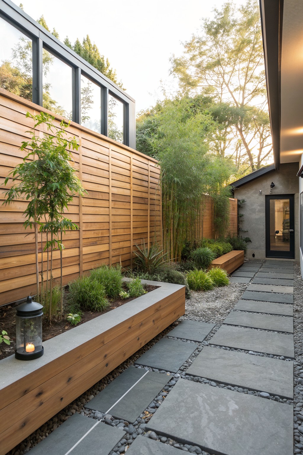 Modern garden walkway with stone pavers, wooden planters, bamboo plants, and lit lantern.