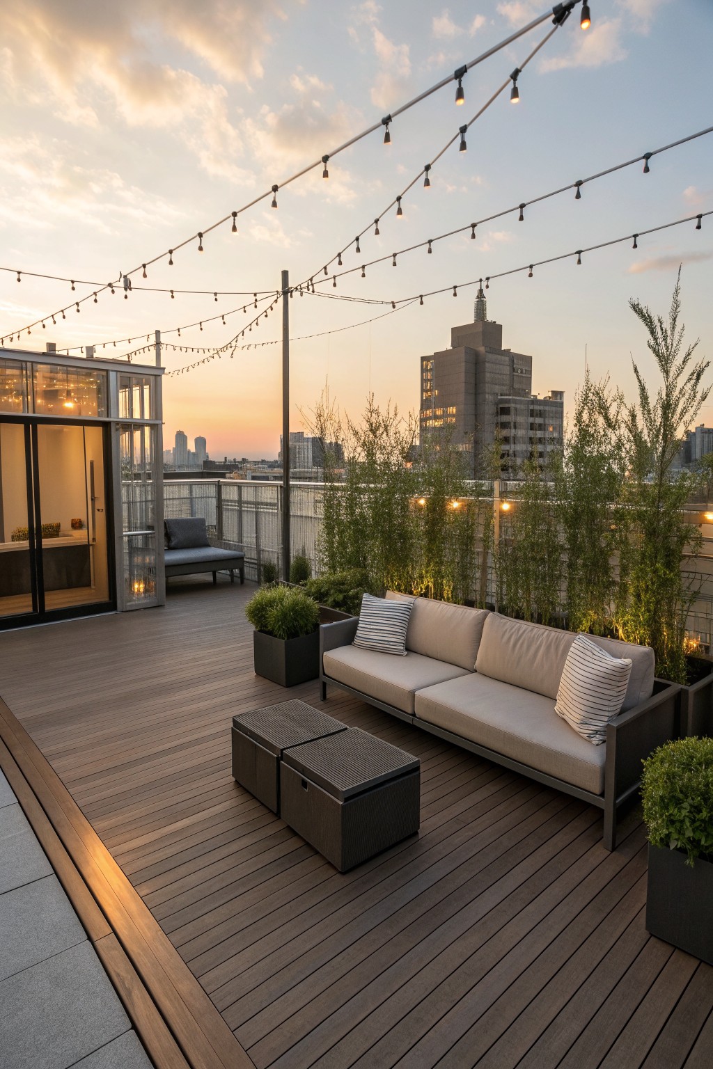 Rooftop terrace with beige sofa, string lights, potted plants, and city skyline at dusk