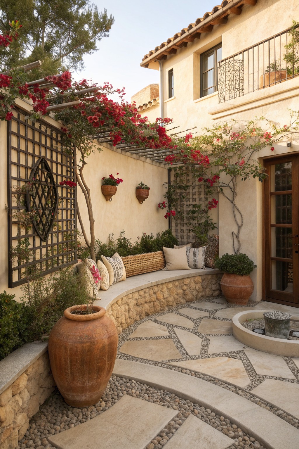 Courtyard patio with curved stone bench, large terracotta pots, and red flowering vines climbing across a pergola and metal trellises on stucco walls.