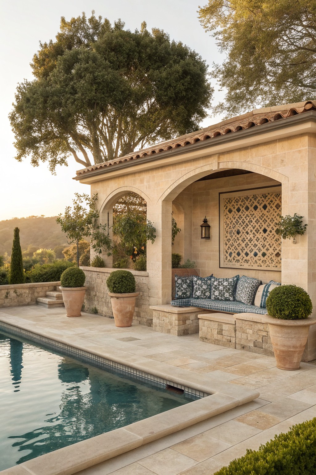 Stone poolside structure with arched openings, built-in bench seating with patterned cushions, and a decorative lattice panel on the back wall next to a swimming pool.