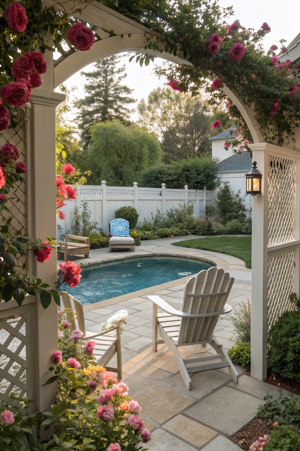 A backyard pool area with stone pavers, white Adirondack chairs, rose-covered arches, and a white privacy fence with lattice panels in the background.